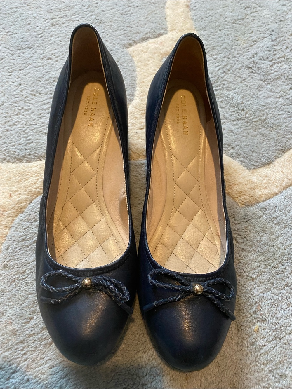 Cole Haan Navy Leather Ballet Wedges with Bow